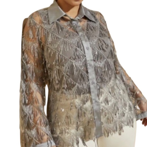 ASHLEY STEWART/Fringed/Metallic-Sequin/Sheer-Mesh Shirt/Size: 14/16 - Picture 10 of 16